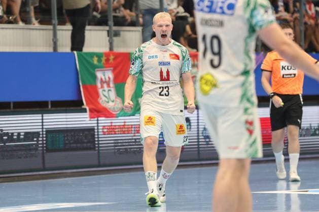 16 08 2025, xgox, Handball Wartburg Cup ThSV Eisenach SC Magdeburg emspor, v l Magnus Saugstrup Magdeburg, 23 Jubel, Torjubel, jubelt ueber das Tor, celebrate the goal, celebration Eisenach