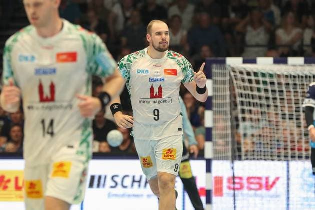 16 08 2025, xgox, Handball Wartburg Cup ThSV Eisenach SC Magdeburg emspor, v l Tim Zechel Magdeburg, 9 Jubel, Torjubel, jubelt ueber das Tor, celebrate the goal, celebration Eisenach