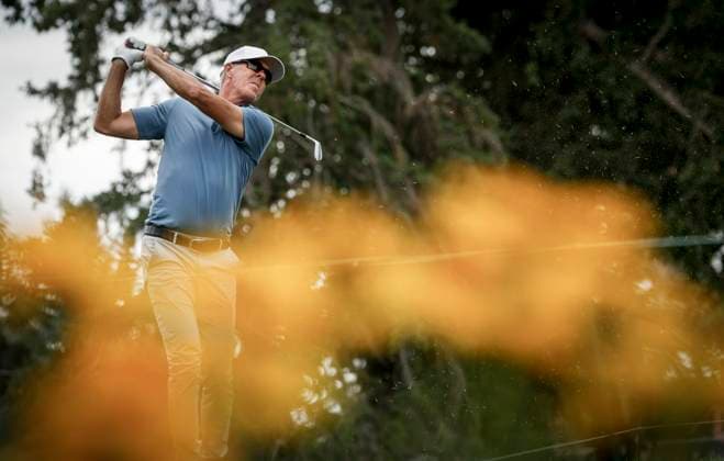 August 16, 2025, Calgary, Ab, CANADA: Australia s Richard Green hits a tee shot on the fourteenth hole during the PGA, Golf Herren Tour Champions golf event in Calgary, Alta., Saturday, Aug. 16, 2025. Richard Green  - ZUMAc35_ 20250816_zaf_c35_122 Copyright: xJeffxMcintoshx