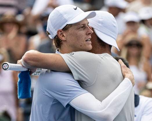 CINCINNATI, OH - AUGUST 16: Jannik Sinner (ITA) hugs TŽrence Atmane (FRA) after winning the semifinals in the Cincinnati Open at the Lindner Family Tennis Center on August 16, 2025 in Mason, OH. (Photo by Shelley Lipton Icon Sportswire) TENNIS: AUG 16 Cincinnati Open EDITORIAL USE ONLY Icon250816401