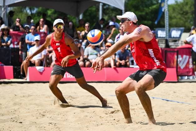 MONTREAL, QC - AUGUST 16: Andrew Benesh (USA) bumps the ball during a round of 12 match at Beach Pro Tour Montreal Elite 16 on August 16, 2025 at Parc Jean-Drapeau in Montreal, QC (Photo by David Kirouac Icon Sportswire) VOLLEYBALL: AUG 16 Beach Pro Tour Montreal Elite 16 EDITORIAL USE ONLY Icon250816055