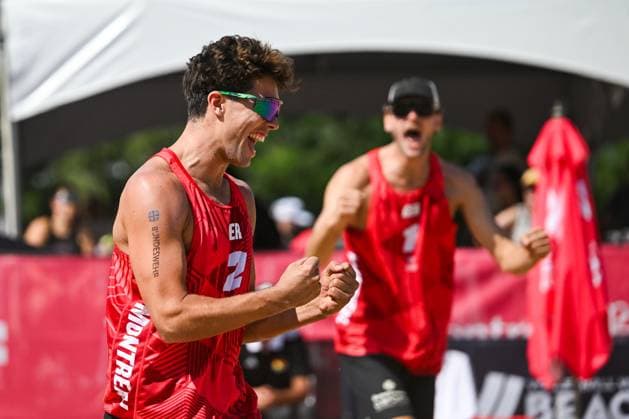 MONTREAL, QC - AUGUST 16: Lui Wust (GER) react after scoring a point during a round of 12 match at Beach Pro Tour Montreal Elite 16 on August 16, 2025 at Parc Jean-Drapeau in Montreal, QC (Photo by David Kirouac Icon Sportswire) VOLLEYBALL: AUG 16 Beach Pro Tour Montreal Elite 16 EDITORIAL USE ONLY Icon250816027