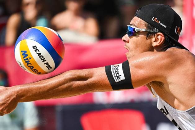MONTREAL, QC - AUGUST 16: Arthur Diego Mariano Lanci (BRA) bumps the ball during a round of 12 match at Beach Pro Tour Montreal Elite 16 on August 16, 2025 at Parc Jean-Drapeau in Montreal, QC (Photo by David Kirouac Icon Sportswire) VOLLEYBALL: AUG 16 Beach Pro Tour Montreal Elite 16 EDITORIAL USE ONLY Icon250816001