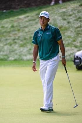 OWINGS MILLS, MD - AUGUST 16: Hideki Matsuyama (JPN) reacts to barely missing his birdie putt on 9 during the third round of the BMW Championship on August 16, 2025, at Caves Valley Golf Club, Owings Mills, Maryland. (Photo by Ken Murray Icon Sportswire) GOLF: AUG 16 PGA, Golf Herren FedEx Cup Playoffs - BMW Championship EDITORIAL USE ONLY Icon2508160173