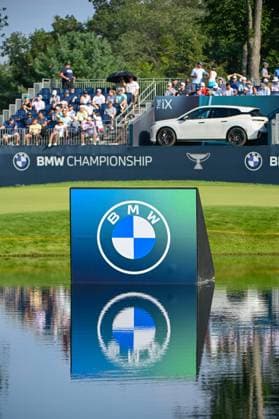 OWINGS MILLS, MD - AUGUST 16: BMW signage near the green on 17 during the third round of the BMW Championship on August 16, 2025, at Caves Valley Golf Club, Owings Mills, Maryland. (Photo by Ken Murray Icon Sportswire) GOLF: AUG 16 PGA, Golf Herren FedEx Cup Playoffs - BMW Championship EDITORIAL USE ONLY Icon2508160213