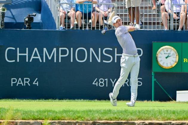 OWINGS MILLS, MD - AUGUST 16: Maverick McNealy (USA) watches his tee shot on 1 during the third round of the BMW Championship on August 16, 2025, at Caves Valley Golf Club, Owings Mills, Maryland. (Photo by Ken Murray Icon Sportswire) GOLF: AUG 16 PGA, Golf Herren FedEx Cup Playoffs - BMW Championship EDITORIAL USE ONLY Icon2508160043