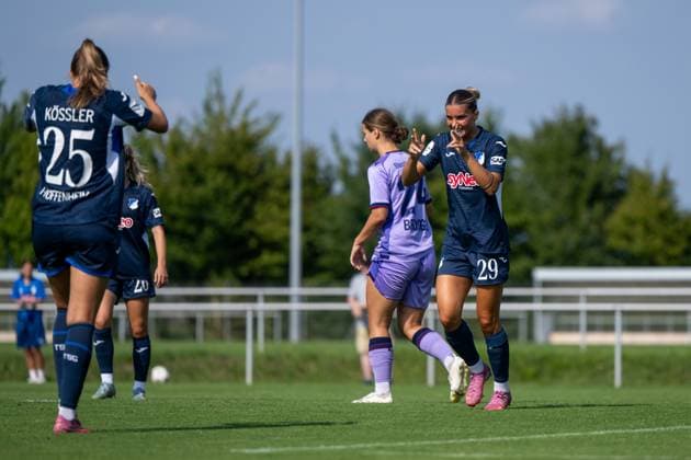 Selina Cerci TSG Hoffenheim, 29 , Melissa Koessler TSG Hoffenheim, 25 celebrating the goal for 4 0, GER, TSG 1899 Hoffenheim vs FC Basel, Soccer Womens Bundesliga Test Match, Season 2025 2026, 16 08 2025 GER, TSG 1899 Hoffenheim vs FC Basel, Soccer Womens Bundesliga Test Match, Season 2025 2026, 16 08 2025 St Leon Copyright: xEibner-Pressefoto Memmlerx EP_MMR
