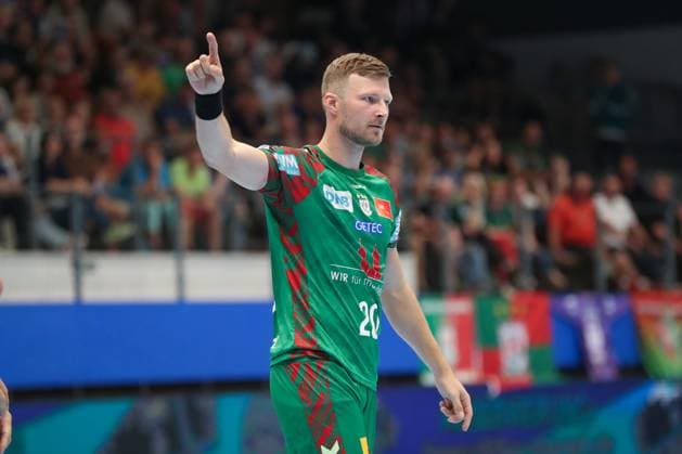 17 08 2025, xgox, Handball Wartburg Cup SC Magdeburg Skanderborg Handbold emspor, v l Philipp Weber Magdeburg, 20 Jubel, Torjubel, jubelt ueber das Tor, celebrate the goal, celebration Eisenach