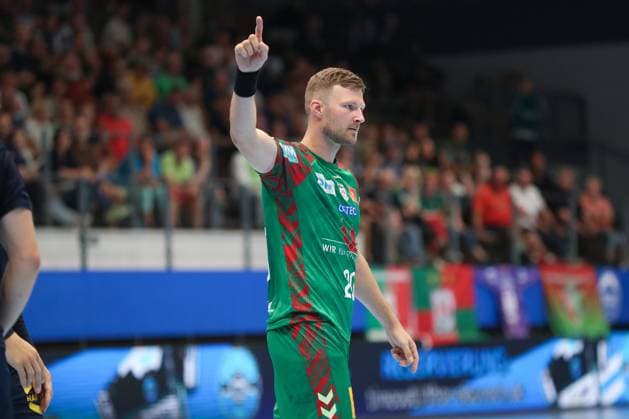 17 08 2025, xgox, Handball Wartburg Cup SC Magdeburg Skanderborg Handbold emspor, v l Philipp Weber Magdeburg, 20 Jubel, Torjubel, jubelt ueber das Tor, celebrate the goal, celebration Eisenach