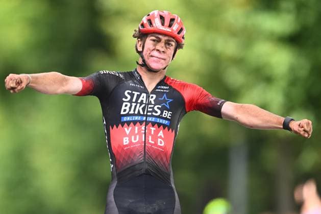 Belgian 2025 National Championship Gravel Westerlo 17 08 2025 WESTERLO, BELGIUM - AUGUST 17 : De Clerq Naud celebrating his victory during the Elite cycling Gravel race of the Belgian National Championships 2025 an UCI National Championships Gravel race with start and finish in Westerlo on August 17, 2025 in Westerlo, Belgium, 17 08 2025 Westerlo Belgium  Copyright: xGvgx