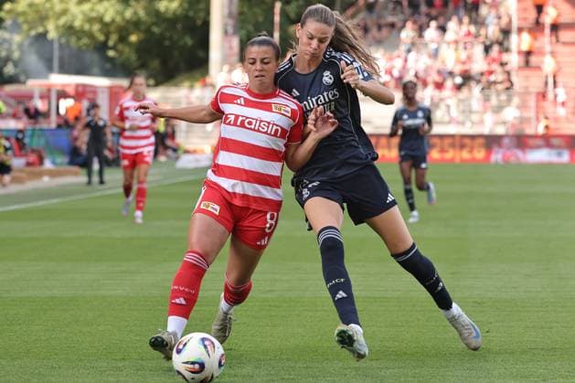 Korina Janez on the ball, Bella Andersson duel Match scene Action Sport Football Soccer Test match Womens Bundesliga Season 2025 2026 17 08 2025 1 FC Union Berlin vs Real Madrid CF DFL regulations prohibit any use of photographs as image sequences and or quasi video