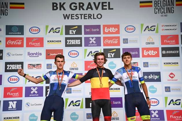 Belgian 2025 National Championship Gravel Westerlo 17 08 2025 WESTERLO, BELGIUM - AUGUST 17 : De Clercq Naud, Sprangers Seppe, Cottignies Kyano on the podium during the Elite cycling Gravel race of the Belgian National Championships 2025 an UCI National Championships Gravel race with start and finish in Westerlo on August 17, 2025 in Westerlo, Belgium, 17 08 2025 Westerlo Belgium  Copyright: xGvgx