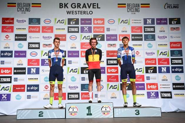 Belgian 2025 National Championship Gravel Westerlo 17 08 2025 WESTERLO, BELGIUM - AUGUST 17 : De Clercq Naud, Sprangers Seppe, Cottignies Kyano on the podium during the Elite cycling Gravel race of the Belgian National Championships 2025 an UCI National Championships Gravel race with start and finish in Westerlo on August 17, 2025 in Westerlo, Belgium, 17 08 2025 Westerlo Belgium  Copyright: xGvgx