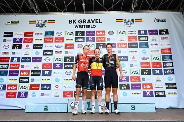 Belgian Lotte Claes, Belgian Marthe Truyen and Belgian Nathalie Bex pictured on the podium after the elite race at the Belgian Gravel Championships, Sunday 17 August 2025, in Westerlo. DAVIDxPINTENS  x131395585x