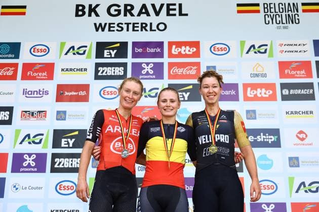Belgian Lotte Claes, Belgian Marthe Truyen and Belgian Nathalie Bex pictured on the podium after the elite race at the Belgian Gravel Championships, Sunday 17 August 2025, in Westerlo. DAVIDxPINTENS  x131395589x