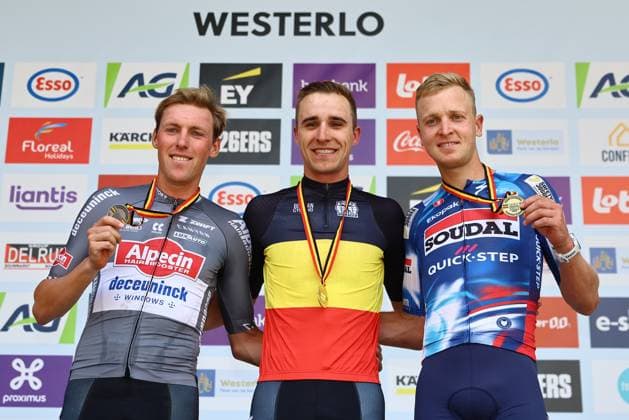 Belgian Timo Kielich , Belgian Niels Vandeputte and Belgian Tim Merlier pictured on the podium after the elite race at the Belgian Gravel Championships, Sunday 17 August 2025, in Westerlo. DAVIDxPINTENS  x131398339x