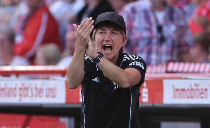 Coach Ailien Poese cheers on Action Upper Body Sport Soccer Football Test Match Womens Bundesliga Season 2025 2026 17 08 2025 1 FC Union Berlin vs Real Madrid CF DFL regulations prohibit any use of photographs as image sequences and or quasi video