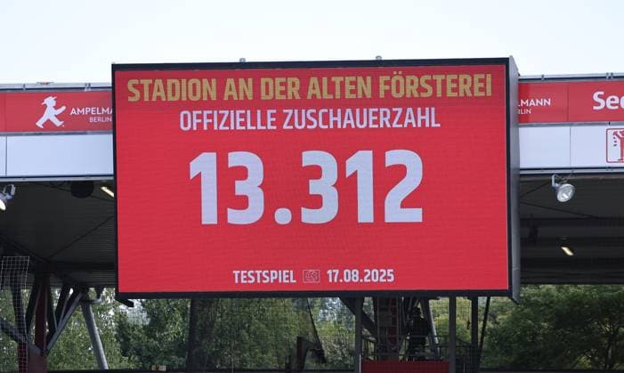 Scoreboard with number of spectators 13312 Sport Football Soccer Soccer Test Match Women Women Bundesliga Season 2025 2026 17 08 2025 1 FC Union Berlin vs Real Madrid CF DFL regulations prohibit any use of photographs as image sequences and or quasi video