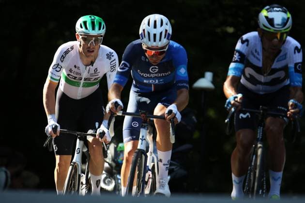 ADAC Cyclassics cycling race in Hamburg Irishman Rory Townsend l on the Waseberg
