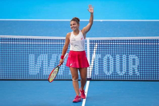 CINCINNATI, OH - AUGUST 17: Jasmine Paolini of Italy reacts after defeating Veronika Kudermetova during the semifinal round of the Cincinnati Open at the Lindner Family Tennis Center on August 17, 2025 in Mason, OH. (Photo by Ian Johnson Icon Sportswire) TENNIS: AUG 17 Cincinnati Open EDITORIAL USE ONLY Icon250817046