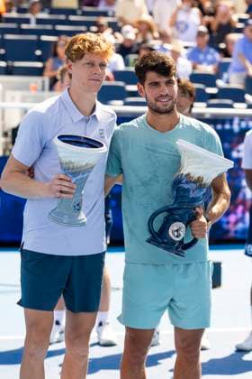 August 18, 2025, Mason, Ohio, USA: Mason, Ohio; Cincinnati Open Tennis Tournament - 2025 08 18 - Carlos Alcaraz and Jannik Sinner who withdrew after the 5th set due to illness, leaving Alcaraz the winner at 5-0, hold the their trohpies. - ZUMAPress Mason USA - ZUMAn24_ 20250818_zaf_n24_008 Copyright: xWallyxNellx