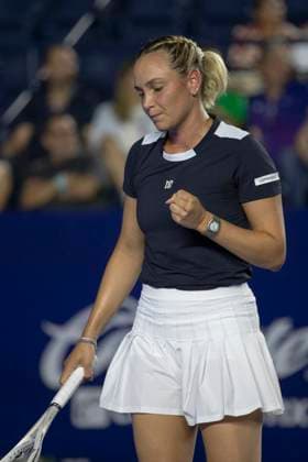 August 18, 2025, Monterrey, Nuevo Leon, Mexico: Croatian tennis player Donna Vekic celebrates at the end of a play against greek Maria SoÂ¡kkari during the Monterrey Open WTA, Tennis Damen 500, the final result was 2:6 3:6 in favor of the croatian player. Monterrey Mexico - ZUMAo125 20250818_zip_o125_015 Copyright: xAntonioxOjedax