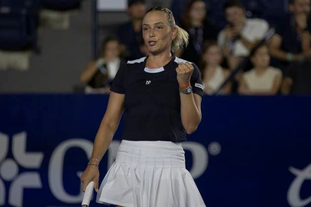 August 18, 2025, Monterrey, Nuevo Leon, Mexico: Croatian tennis player Donna Vekic celebrates at the end of a play against greek Maria SoÂ¡kkari during the Monterrey Open WTA, Tennis Damen 500, the final result was 2:6 3:6 in favor of the croatian player. Monterrey Mexico - ZUMAo125 20250818_zip_o125_027 Copyright: xAntonioxOjedax