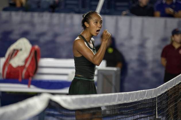 August 18, 2025, Monterrey, Nuevo Leon, Mexico: Canadian tennis player Leylah Fernandez celebrates during her match against Jaqueline Cristian at the Monterrey Open. The Canadian won with a score of 3:6 5:7. Monterrey Mexico - ZUMAo125 20250818_zip_o125_043 Copyright: xAntonioxOjedax