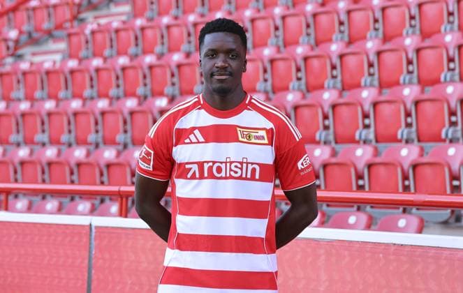 Stanley Nsoki 1 FC Union Berlin FCU Football 1 BL Bundesliga Porträttermin Season 2025 2026 Headshot, portrait, introduction, presentation, press event, GER 19 08 25