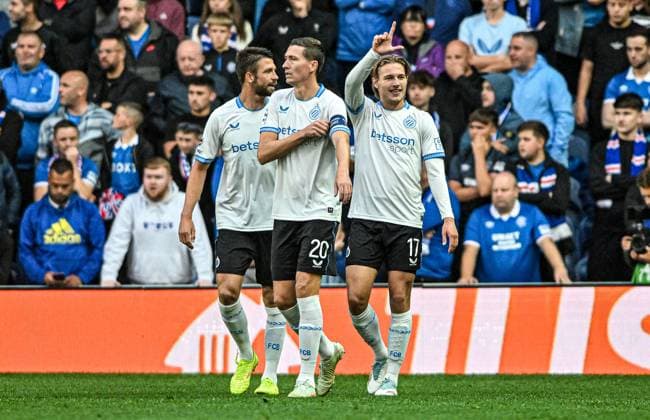 Rangers v Club Brugge UEFA Champions League Romeo Vermant of Club Brugge celebrates his sides first goal with teammates during the UEFA Champions League Play-off First Leg match at Ibrox Stadium, Glasgow UK Newspapers OUT Copyright: xJamiexJohnstonx FIL-22119-0041