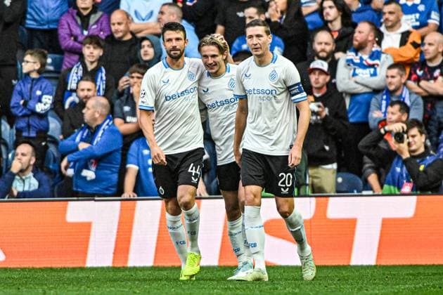 Rangers v Club Brugge UEFA Champions League Romeo Vermant of Club Brugge celebrates his sides first goal with teammates during the UEFA Champions League Play-off First Leg match at Ibrox Stadium, Glasgow UK Newspapers OUT Copyright: xJamiexJohnstonx FIL-22119-0042