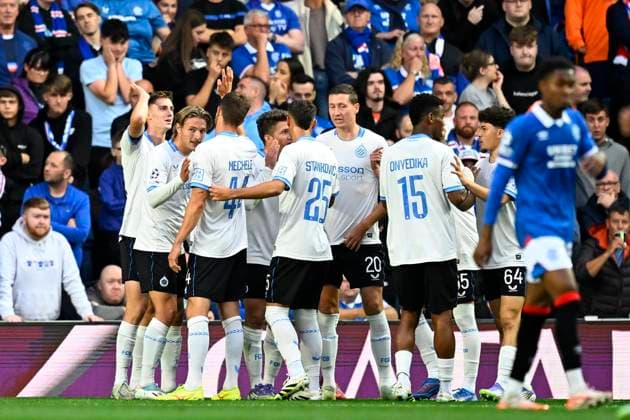 Rangers FC v Club Brugge - UEFA Champions League GLASGOW, SCOTLAND - AUGUST 19 : Spileers Jorne defender of Club Brugge celebrates scoring a goal with teammates during the UEFA Champions League 2025 26 play-off round first leg between Rangers FC and Club Brugge on August 19, 2025 in Glasgow, Scotland, 19 08 2025 Glasgow Scotland  Copyright: xTomasxSiskx