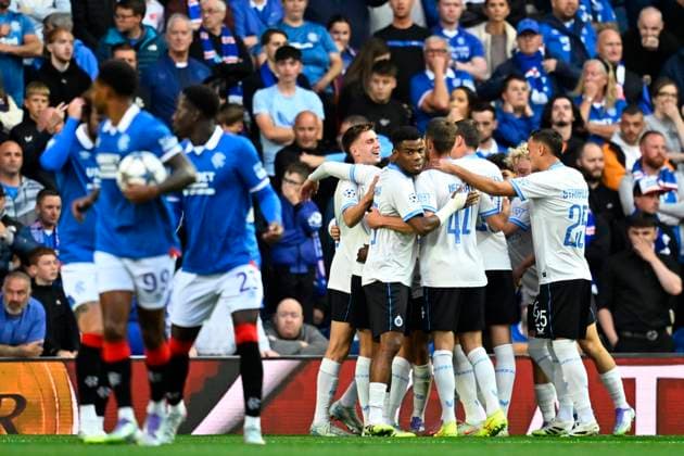 Rangers FC v Club Brugge - UEFA Champions League GLASGOW, SCOTLAND - AUGUST 19 : Spileers Jorne defender of Club Brugge celebrates scoring a goal with teammates during the UEFA Champions League 2025 26 play-off round first leg between Rangers FC and Club Brugge on August 19, 2025 in Glasgow, Scotland, 19 08 2025 Glasgow Scotland  Copyright: xTomasxSiskx