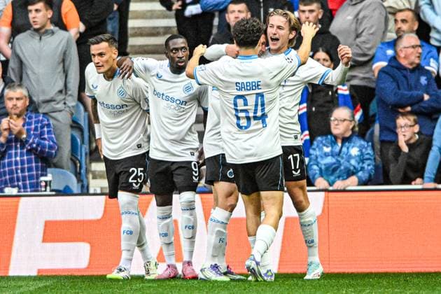 Rangers v Club Brugge UEFA Champions League Romeo Vermant of Club Brugge celebrates his sides first goal with teammates during the UEFA Champions League Play-off First Leg match at Ibrox Stadium, Glasgow UK Newspapers OUT Copyright: xJamiexJohnstonx FIL-22119-0044