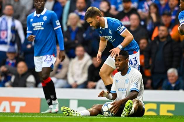 Rangers FC v Club Brugge - UEFA Champions League GLASGOW, SCOTLAND - AUGUST 19 : Raskin Nicolas midfielder of Rangers FC and Onyedika Nwadike Raphael midfielder of Club Brugge during the UEFA Champions League 2025 26 play-off round first leg between Rangers FC and Club Brugge on August 19, 2025 in Glasgow, Scotland, 19 08 2025 Glasgow Scotland  Copyright: xTomasxSiskx
