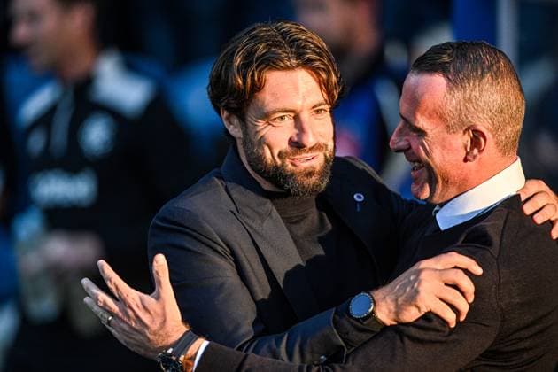 Rangers v Club Brugge UEFA Champions League Manager Russell Martin of Rangers and Manager Nicky Hayen of Club Brugge during the UEFA Champions League Play-off First Leg match at Ibrox Stadium, Glasgow UK Newspapers OUT Copyright: xJamiexJohnstonx FIL-22119-0047