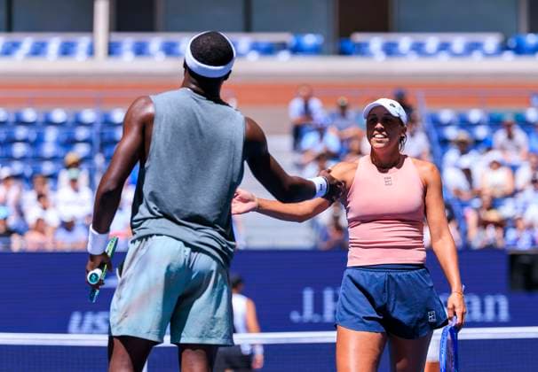August 19, 2025, Flushing Meadows, New York, USA: Madison Keys and Frances Tiafoe during a mix doubles match against Iga Swiatek and Casper Ruud at the 2025 US Open at USTA Billie Jean King National Tennis Center on Tuesday August 19, 2025 in the Flushing neighborhood of the Queens borough of New York City. JAVIER ROJAS PI Flushing Meadows USA - ZUMAp124 20250819_zaa_p124_038 Copyright: xJavierxRojasx