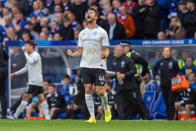 Rangers v Club Brugge Champions League Playoff 1st leg 19 08 2025. GOAL! 0-3 Brandon Mechele of Club Brugge celebrates his sides 3rd goal of the night during the UEFA Champions League Play-off 1st leg, Rangers FC vs Club Brugge, Ibrox Stadium, City}, Glasgow, {Country. {date} Govan Ibrox Stadium Glasgow Scotland Editorial use only , Copyright: xColinxPoultneyx PSI-22629-0006