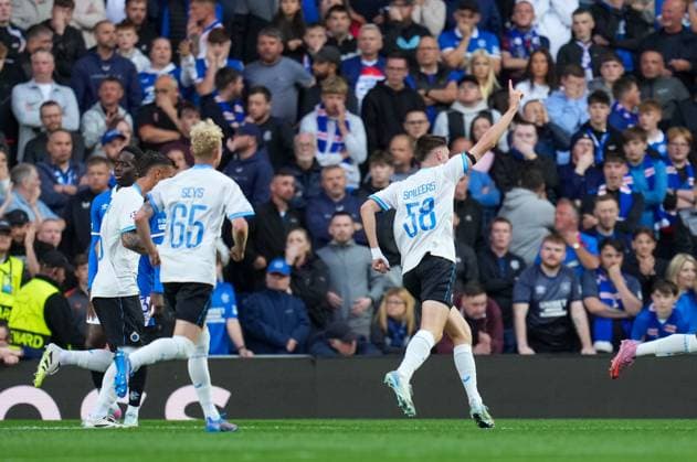 Jorne Spileers of Club Brugge celebrates scoring to give Brugge a 0-2 lead. Rangers v Club Brugge, UEFA Champions League, Play-Off Round, First Leg, Football, Ibrox Stadium, Glasgow, Scotland, UK - 19 Aug 2025Glasgow Ibrox Stadium Scotland United Kingdom EDITORIAL USE ONLY No use with unauthorised audio, video, data, fixture lists, club league logos or live services. Online in-match use limited to 120 images, no video emulation. No use in betting, games or single club league player publications.  Copyright: xStuartxWallace Shutterstockx 15446679n