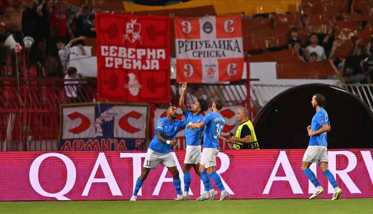 CRVENA ZVEZDA vs PAFOS CYPRUS ANDERSON, JOAO CORREIA, VLAD DRAGOMIR football Champions league qualification match Crvena zvezda vs Pafosa Cyprus Rajko Mitic stadium, Belgrade 19.08.2025. Foto: FOOTBALL, CRVENA ZVEZDA, RED STAR, UEFA CHAMPIONS LEAGUE QUALIFICATIONS, PAFOS CYPRUS Belgrade Rajko Mitic stadium Serbia Copyright: xMarkoxMetlasx xMNxPressx