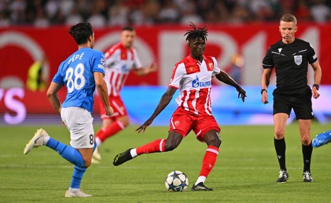 CRVENA ZVEZDA vs PAFOS CYPRUS BAJO MAHMUDU Mahmudu Badjo football Champions league qualification match Crvena zvezda vs Pafosa Cyprus Rajko Mitic stadium, Belgrade 19.08.2025. Foto: FOOTBALL, CRVENA ZVEZDA, RED STAR, UEFA CHAMPIONS LEAGUE QUALIFICATIONS, PAFOS CYPRUS Belgrade Rajko Mitic stadium Serbia Copyright: xMarkoxMetlasx xMNxPressx
