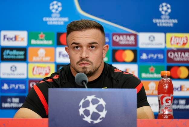 Basel, Switzerland August 19, 2025 Play offs UEFA Champions League Press Conference FCB Basel FC Copenhagen with Swiss Player Xherdan Shaqiri Play offs UEFA Champions League in Basel