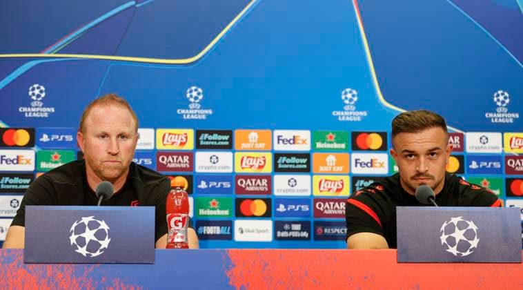 Basel, Switzerland August 19, 2025 Play offs UEFA Champions League Press Conference FCB Basel FC Copenhagen with Swiss Chief Trainer Ludovic Magnin and Player Xherdan Shaqiri Play offs UEFA Champions League in Basel