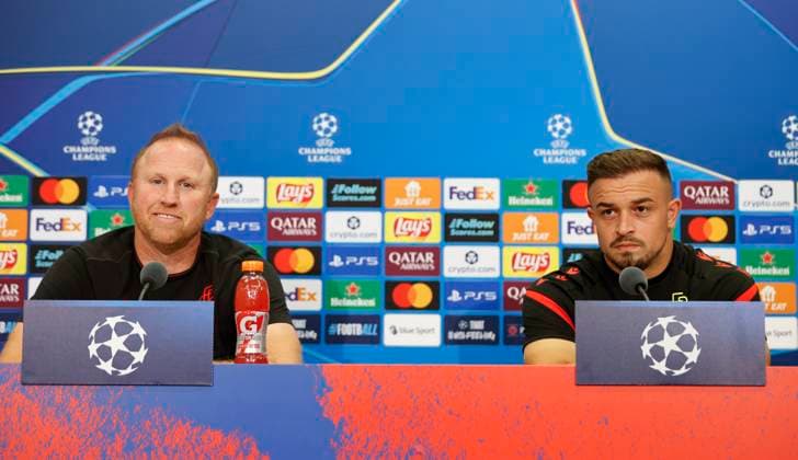 Basel, Switzerland August 19, 2025 Play offs UEFA Champions League Press Conference FCB Basel FC Copenhagen with Swiss Chief Trainer Ludovic Magnin and Player Xherdan Shaqiri Play offs UEFA Champions League in Basel