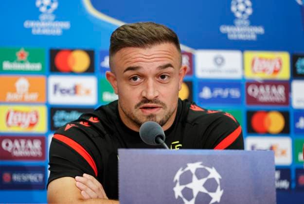 Basel, Switzerland August 19, 2025 Play offs UEFA Champions League Press Conference FCB Basel FC Copenhagen with Swiss Player Xherdan Shaqiri Play offs UEFA Champions League in Basel