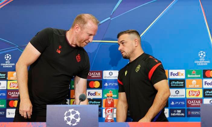 Basel, Switzerland August 19, 2025 Play offs UEFA Champions League Press Conference FCB Basel FC Copenhagen with Swiss Chief Trainer Ludovic Magnin and Player Xherdan Shaqiri Play offs UEFA Champions League in Basel