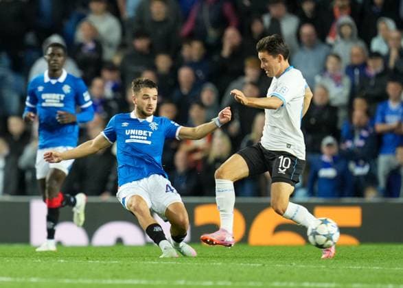 Nicolas Raskin of Rangers tackles Hugo Vetlesen of Club Brugge Rangers v Club Brugge, UEFA Champions League, Play-Off Round, First Leg, Football, Ibrox Stadium, Glasgow, Scotland, UK - 19 Aug 2025Glasgow Ibrox Stadium Scotland United Kingdom EDITORIAL USE ONLY No use with unauthorised audio, video, data, fixture lists, club league logos or live services. Online in-match use limited to 120 images, no video emulation. No use in betting, games or single club league player publications. Copyright: xStuartxWallace Shutterstockx 15446679dt
