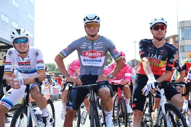 Belgian Tim Merlier of Soudal Quick-Step, Dutch Mathieu van der Poel of Alpecin-Deceuninck and Belgian Tim Wellens of UAE Team Emirates pictured at the start of the first stage of the Renewi Tour multi-stage cycling race, from Terneuzen to Breskens, The Netherlands (182,7 km) on Wednesday 20 August 2025. The five-day race takes place in Belgium and the Netherlands. DAVIDxPINTENS  x131628954x