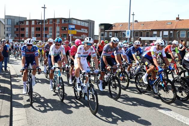 Riders in action at the start of the first stage of the Renewi Tour multi-stage cycling race, from Terneuzen to Breskens, The Netherlands (182,7 km) on Wednesday 20 August 2025. The five-day race takes place in Belgium and the Netherlands. DAVIDxPINTENS  x131630505x