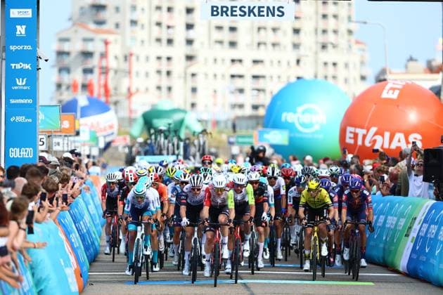 Riders pictured in action during the first stage of the Renewi Tour multi-stage cycling race, from Terneuzen to Breskens, The Netherlands (182,7 km) on Wednesday 20 August 2025. The five-day race takes place in Belgium and the Netherlands. DAVIDxPINTENS  x131645623x